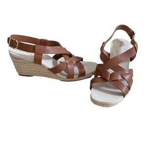 Cole Haan Crystal Wedge Leather Sandals Strappy Open Toe Brown Size 11 Comfy